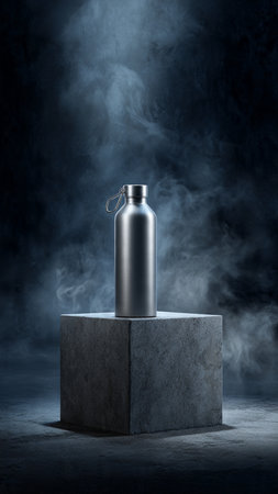 Metal water bottle on concrete pedestal with smoke on dark blue backgroundの写真素材