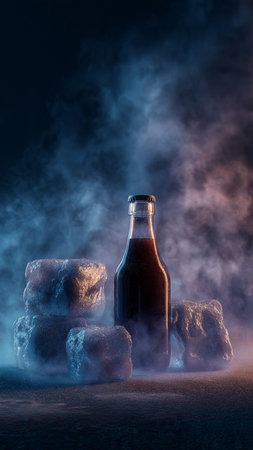 bottle of cola on dark background with smoke and ice cubesの写真素材