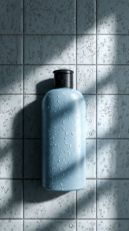 Mockup of shampoo bottle on a tile wall with water dropsの写真素材