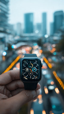 Hand holding a smart watch with blurred cityscape background, technology conceptの写真素材