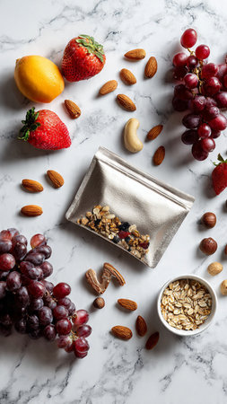 Granola bar with nuts, fruits and berriesle backgroundの写真素材