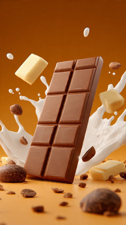Milk splash and chocolate bar on orange background. Chocolate bar with milk splash.