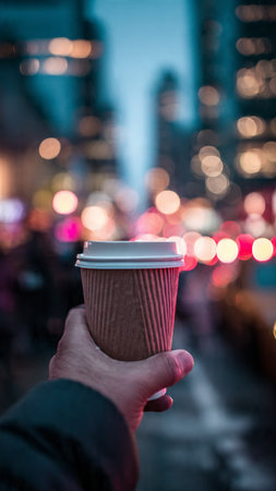 Hand holding a paper cup of hot coffee in the city at nightの写真素材