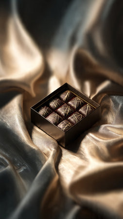 Black box of chocolates on golden silk background, closeupの写真素材