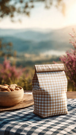 Wooden bowl with cookies and sackcloth on table in countryside.の写真素材