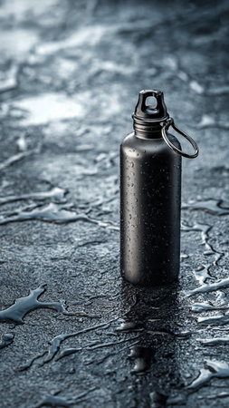 water drops on a black background with a metal flask for sports waterの写真素材
