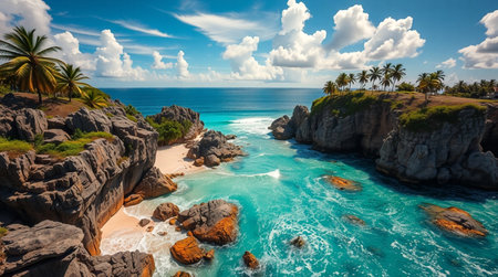 Panoramic view of beautiful tropical beach with turquoise waterの写真素材