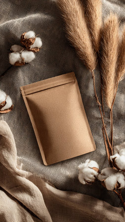 Blank brown envelope mockup with dried flowers and cotton on fabric backgroundの写真素材