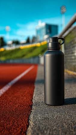 Sports water bottle on the running track in the stadium. Sport conceptの写真素材