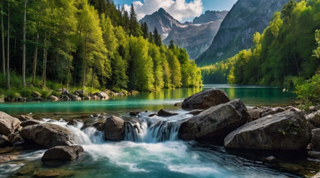 Beautiful mountain lake with crystal clear water and high mountains in backgroundの写真素材