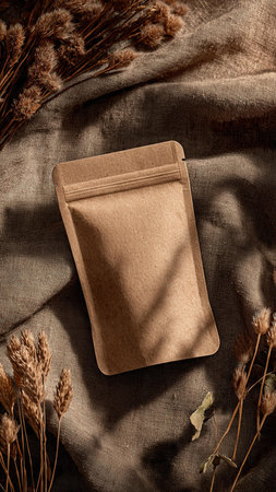 Brown paper bag and dried flowers on brown fabric background. Toned.の写真素材