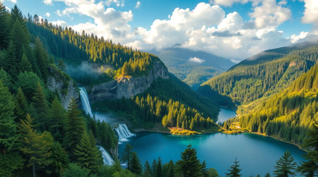 Panoramic view of a mountain lake surrounded by green forest.の写真素材