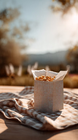 Delicious peanuts in paper box on wooden table outdoors, closeupの写真素材