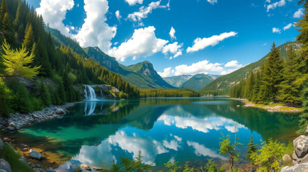 Beautiful mountain lake with clear water and coniferous forest in the backgroundの写真素材