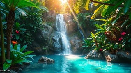 Beautiful waterfall in the tropical garden. Travel and Vacation concept.の写真素材