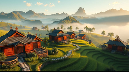 Rice terraces in the morning. 3d render illustration.の写真素材