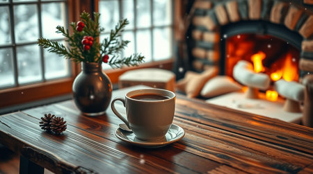 Cup of coffee on a wooden table in front of the fireplaceの写真素材