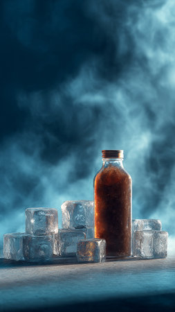 bottle of cold drink with ice cubes and smoke on dark backgroundの写真素材