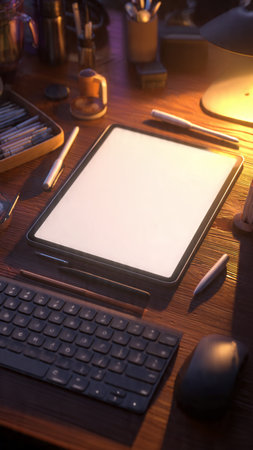 Close-up of digital tablet and keyboard on wooden table at nightの写真素材