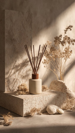 Aromatherapy sticks and dried flowers on beige background.