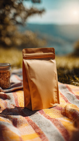 Coffee bag on checkered picnic blanket in the mountainsの写真素材