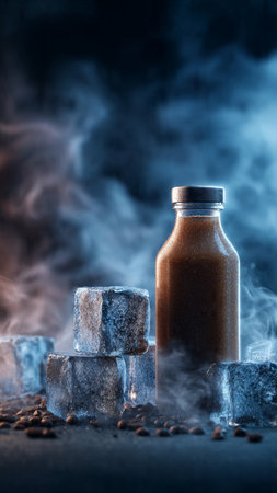 Coffee in a glass bottle and sugar cubes on a dark backgroundの写真素材