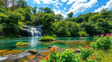 Beautiful waterfall in the middle of the green forest with red flowersの写真素材