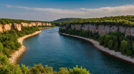 Panoramic view of the turquoise river Dniester in Ukraineの写真素材