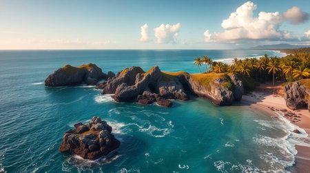 Aerial view of beautiful beach with turquoise water, coconut palm trees and blue sky with white clouds at sunset time.の写真素材