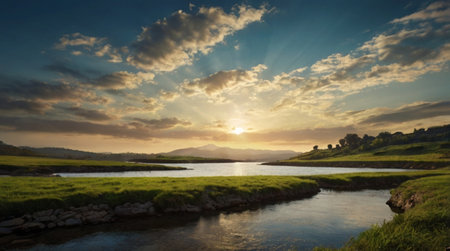 Beautiful sunset over the river. Panoramic view of the river and mountains.の写真素材