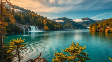 Autumn morning on the lake with a waterfall in the mountains.