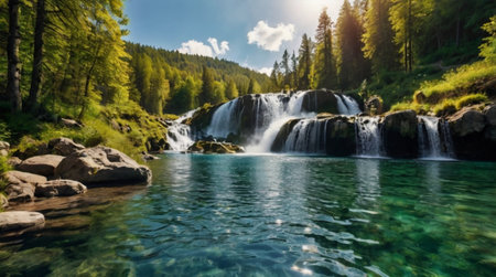 Panoramic view of a waterfall in the mountains. Summer landscape.の写真素材