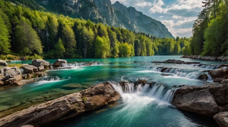 Panoramic view of the turquoise water of a mountain river.の写真素材