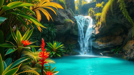 Beautiful waterfall in tropical jungle with palm trees and exotic flowers.の写真素材