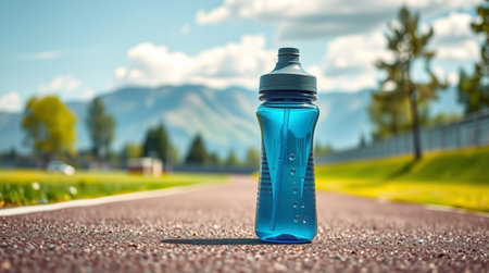 Bottle of water on the asphalt road with mountains in the backgroundの写真素材