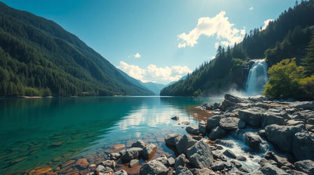 Beautiful mountain lake with clear water and high mountains in the backgroundの写真素材