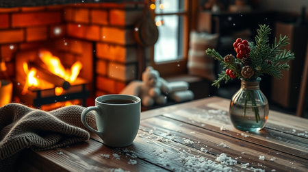 Cup of hot coffee on a wooden table in front of the fireplaceの写真素材