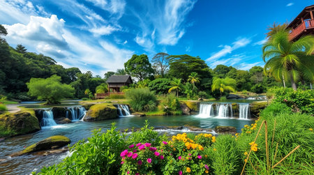 Beautiful waterfall in the garden with blue sky and white clouds.の写真素材
