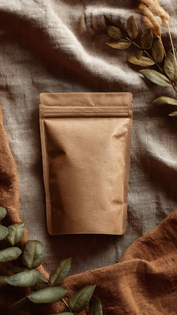 Eucalyptus leaves in brown paper bag on linen backgroundの写真素材