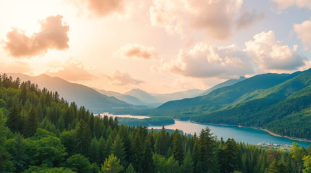 Beautiful landscape with mountains and lake at sunset. View from the top of the mountain.