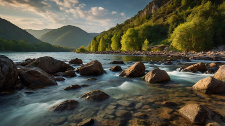Mountain river landscape. Mountain river with fast flowing water and rocksの写真素材