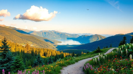 Panoramic view of alpine meadow and lake in the mountains at sunset.
