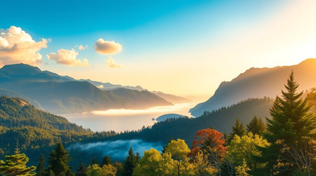 Mountain landscape with fog in the morning. Colorful autumn scenery in the mountains.の写真素材