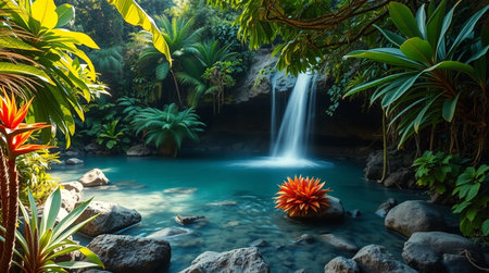 Tropical waterfall in the jungle with red flower in the foregroundの写真素材