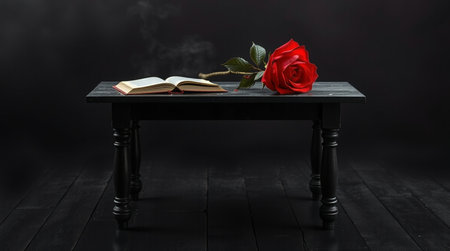 A red rose and a book on a black wooden table. Black background.の写真素材