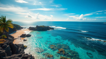 Aerial view of beautiful beach with turquoise water and rocksの写真素材