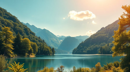 Mountain landscape with lake and forest in the morning. Nature background