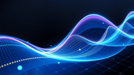 abstract blue wave background with glowing particles, 3d render illustration