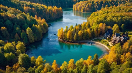 Aerial view on beautiful lake in autumn forest. Aerial view of lake in autumn forestの写真素材