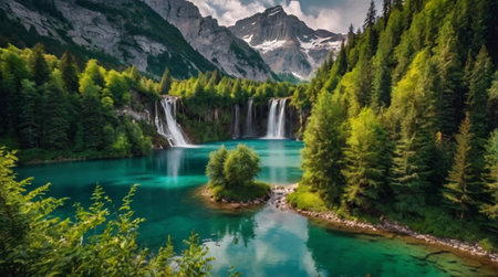 Panoramic view of alpine lake and waterfall